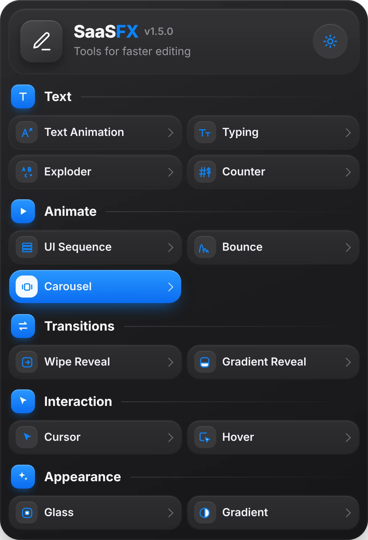 The SaaS-FX panel: Text, Animate, Transitions, Interaction and Appearance tools